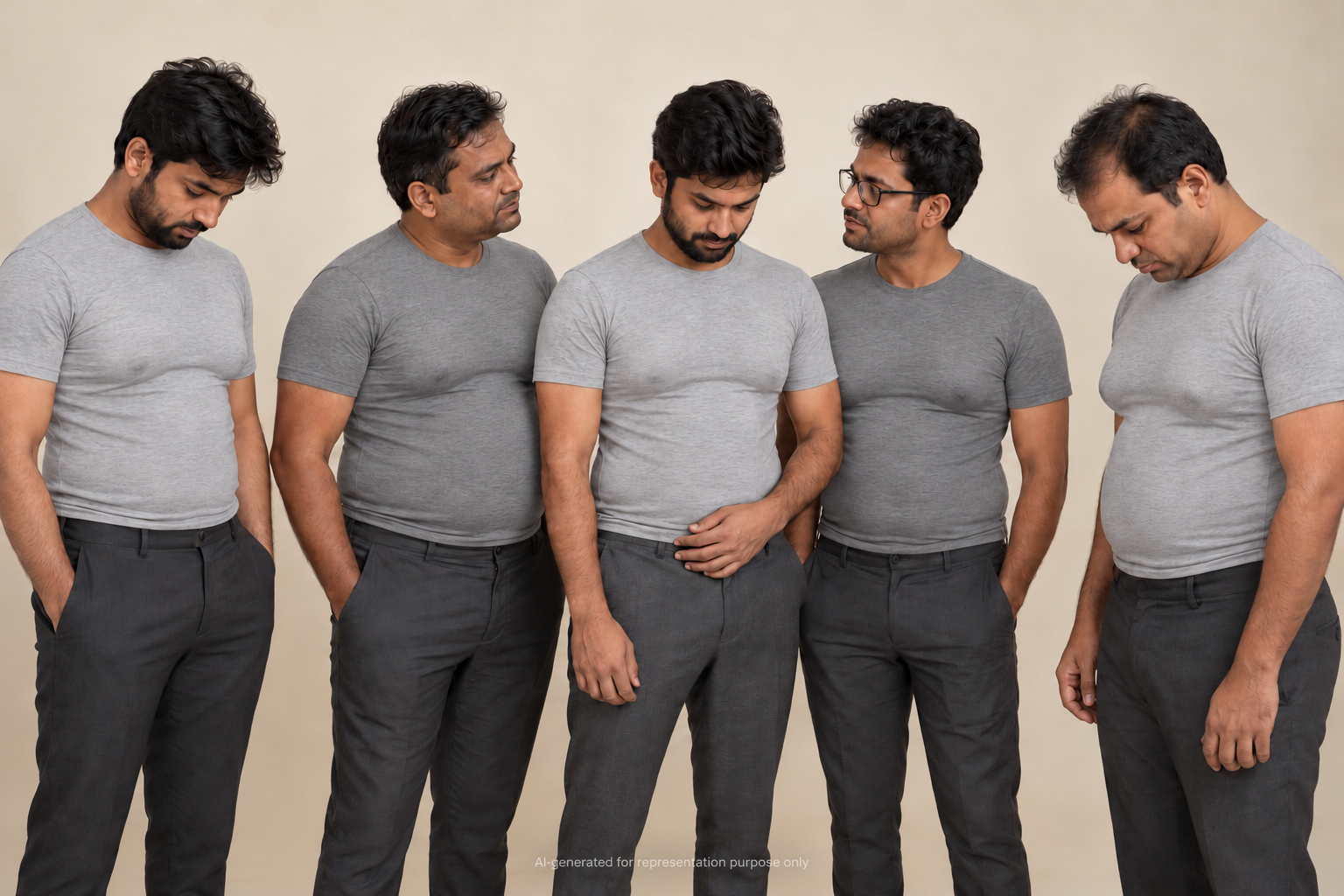 Alt text: Illustration comparing gynecomastia prevalence across male age groups, with an inset distinguishing glandular tissue from chest fat.