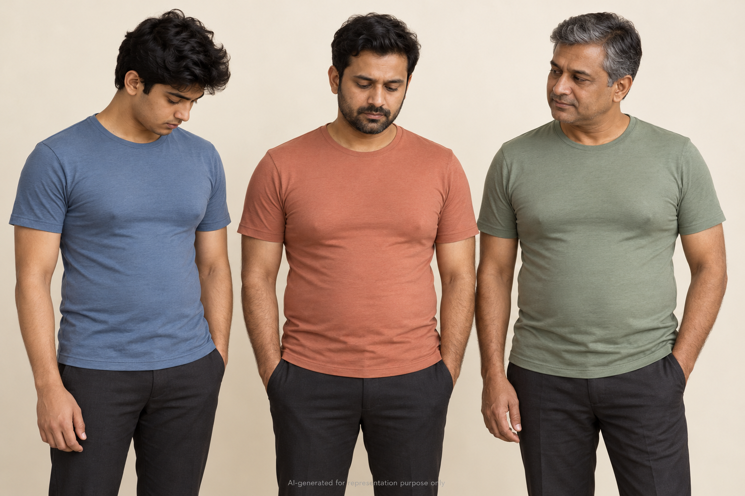 Men from late adolescence to middle age with gynecomastia visible beneath fitted T-shirts.