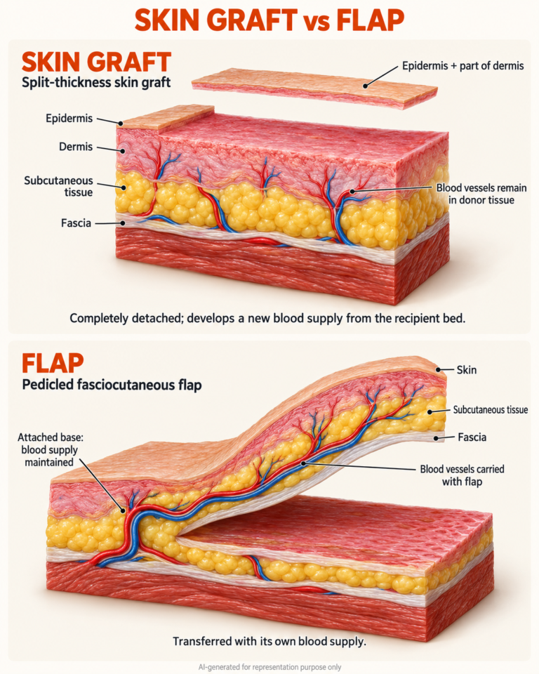 Skin graft versus flap illustration showing a detached thin skin graft beside a thicker flap retaining blood vessels through its attached base.