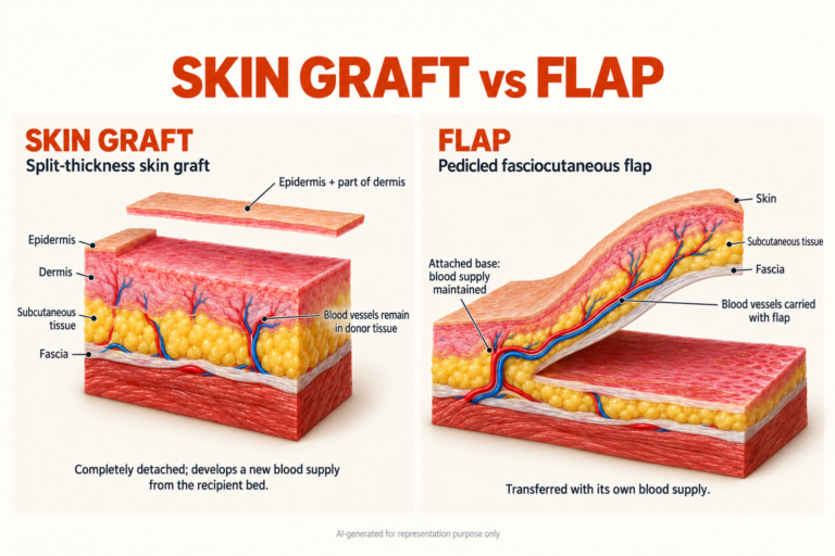 Skin graft versus flap illustration showing a detached thin skin graft beside a thicker flap retaining blood vessels through its attached base.